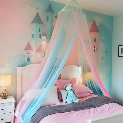 Eimilaly Two-tone Bed Canopy Mosquito Net Pink Blue, Bed Canopy for 2