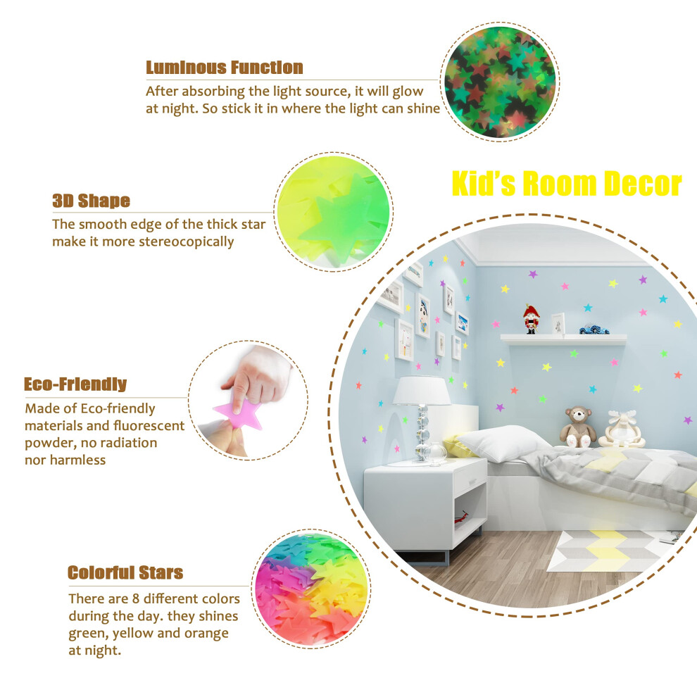 Glocarnival Glow In The Dark 200Pcs 3D Glowing Stars And Moon Stickers For Kids Be