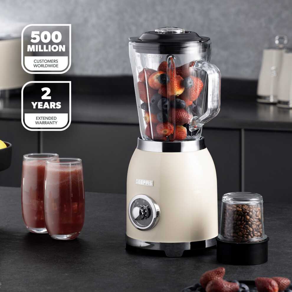 Geepas Retrovive Collection 2-In-1 Blender Smoothie Maker 800W, 1.5L Glass Jug Coffee Spice Grinder Ice Crusher 6 Blades 2 Speed Pulse Safe Lock