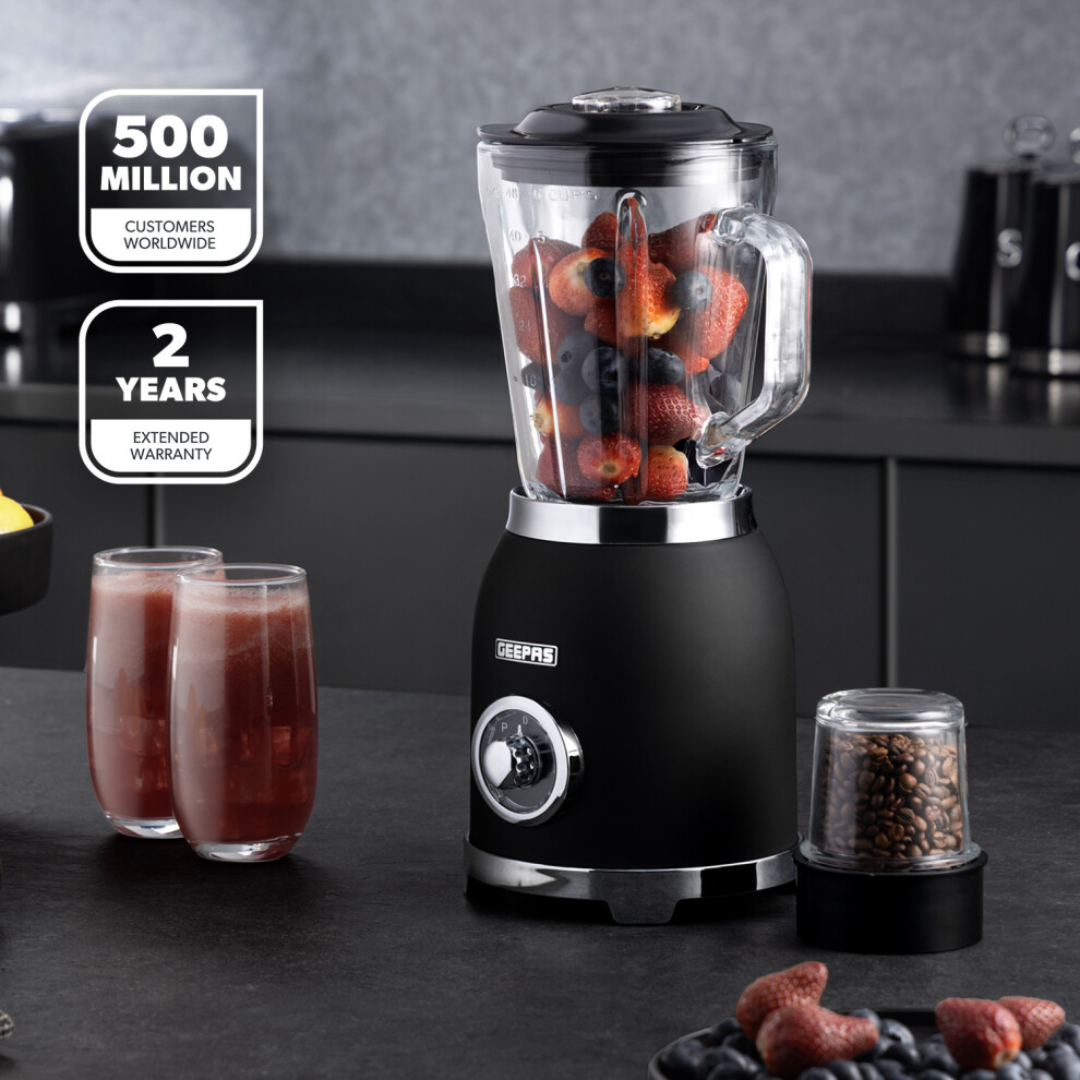 Geepas Retrovive Collection 2-In-1 Blender Smoothie Maker 800W, 1.5L Glass Jug Coffee Spice Grinder Ice Crusher 6 Blades 2 Speed Pulse Safe Lock