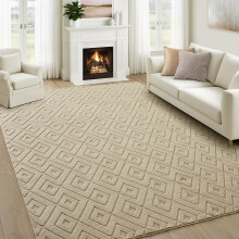 (60x110cm (2.0 x 3.6 ft), Hollow Square Beige) Non Slip Geometric Embossed Area Rug Soft Carved Living Room Bedroom Carpet