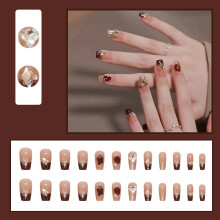 French Nude Fake Nails with Wine Red Tip
