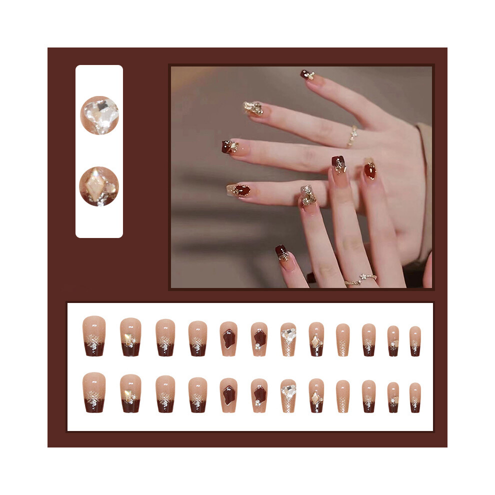 Roc-Electron French Nude Fake Nails With Wine Red Tip