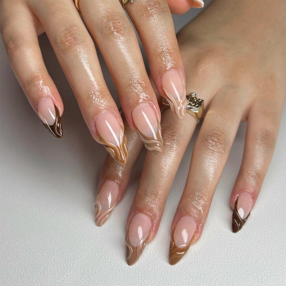 Hue-Grain Pink Fake Nails With Brown Tips, Long Lasting & Flexible
