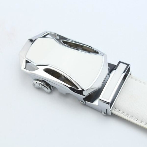 Cinto masculino de luxo em couro com fivela automática de metal, estilo executivo, branco. 2