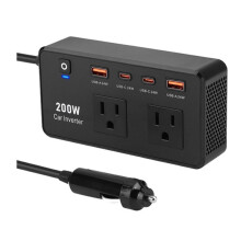 Dubbel US-Kontakt 200w Bilväxelriktare med C-Port, Snabbladdning, USB, Bil 110v Strömförsörjning, Fordon, Resematerial
