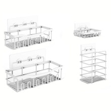 5-Pack of Rust-Resistant Stainless Steel Shower Racks Drill-Free Adhesive Bathroom Organizer Large-Capacity Storage Rack