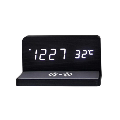 10W Multifunctional LED Wireless Charging Alarm Clock Silent Clock Electronic Clock Wireless Charging Thermometer-Black