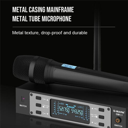 G-MARK GM1. 1 Microphone UHF Frequency Adjustable Handheld Karaoke Mic for Party Show Teaching Black EU Plug