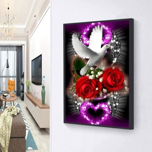 Κιτ ζωγραφικής με διαμάντια 5D DIY, λευκό και ροζ, Dove, σταυροβελονιά με τρυπάνι 30x45cm 1