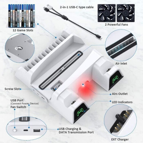 PS5-oplader met ventilator voor PlayStation 5, PS5-controlleroplader met led-indicator, laadstation 2