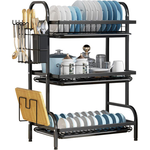 3-Tier Black Dish Drying Rack Drip Tray 3 Tier Set 1
