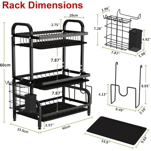 3-Tier Black Dish Drying Rack Drip Tray 3 Tier Set 2