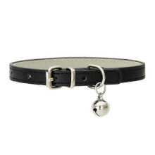 (PRETO - 1,0*25cm) Coleira de couro com sino para gatos machos, fêmeas e gatinhos