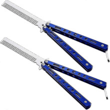 (blue)2 Pieces Stainless Steel Folding Training Butterfly Comb Styling Tool (color)