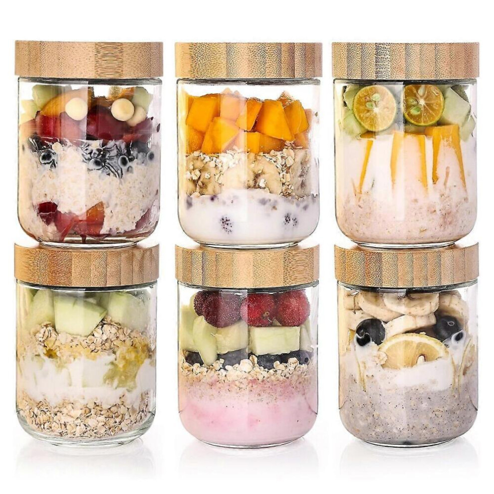 6-Pack Overnight Oats Containers With Bamboo Airtight Lids, 16Oz Wide Mouth Salad Jars, Glass Food Storage Containers 9361375611903