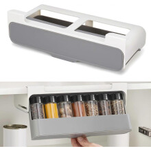 Spice rack with 6 spice jars, pull-out spice rack, kitchen shelf, spice rack without drilling (32 x 9.5 x 13.5 cm)