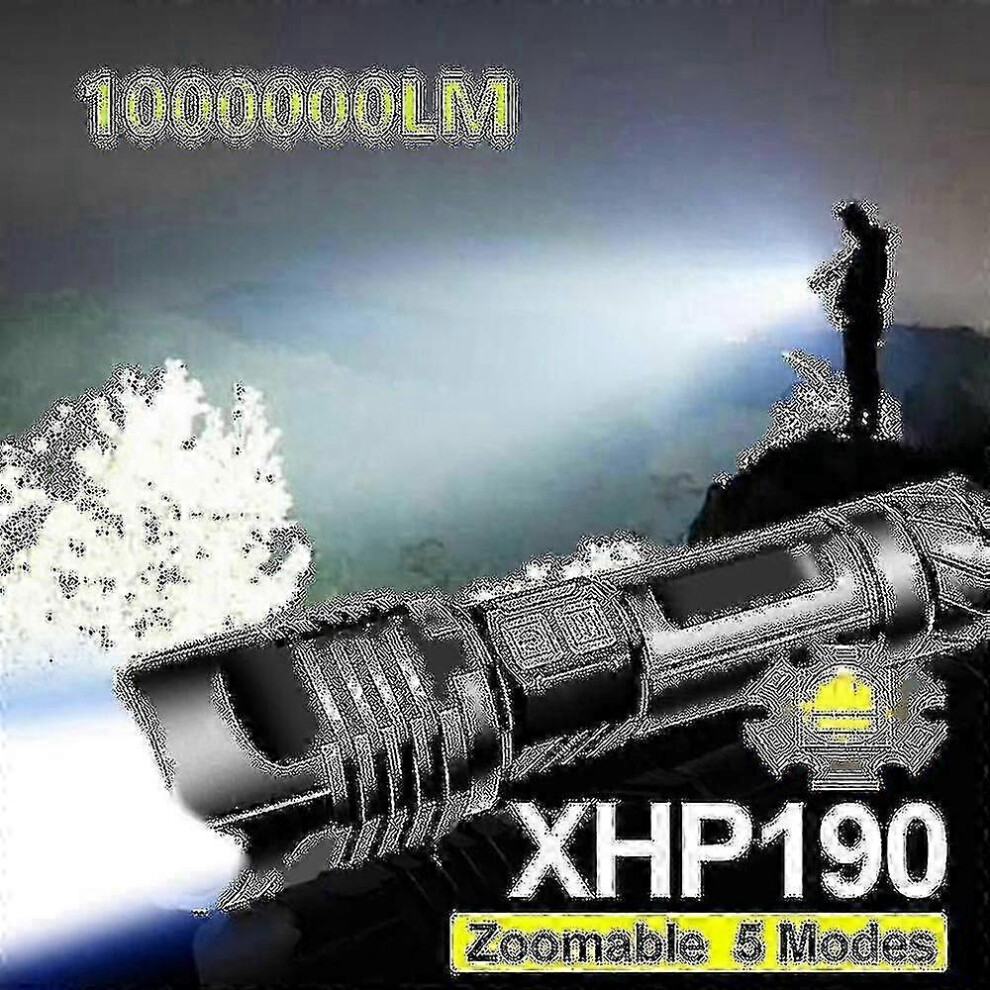 1,000,000 Lumen Xhp190 Led Flashlight - Usb Rechargeable Tactical Zoom Torch With 18650 Battery 9361375566852