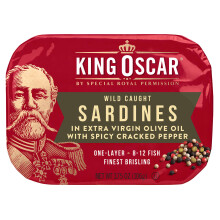 King Oscar, Vild Fangen, Sardiner I Ekstra Virgin Olivenolie, Med Peber, Én Lag, 3,75 oz (106 g)