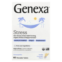 Genexa, Stress, Økologisk Stress- & Træthed Formel, Vanilje & Lavendel, 60 Tænkelige Tabletter
