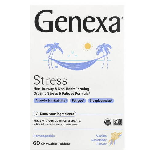 Genexa, Stress, Οργανική Τάση & Ε-fatigue Φόρμουλα, Vanilla & Lavender, 60 Chewable Tablets