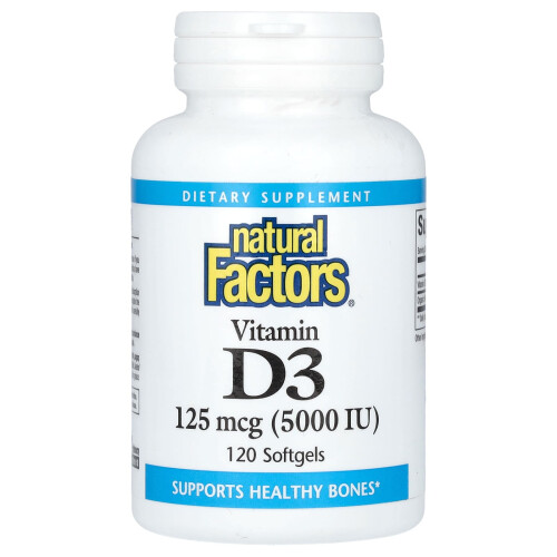 Natural Factors, Witamina D3, 125 mcg (5,000 IU), 120 tabletek