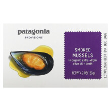 Patagonia Provisions, Savustetut Mussels Orgaanisessa Extra-Virgin Oliveöljy + Broth, 4.2 oz (120 g)