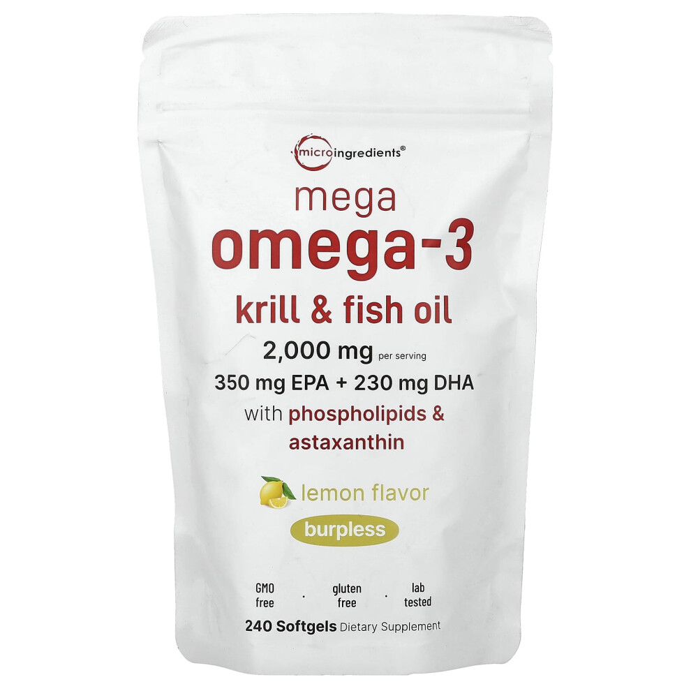 Micro Ingredients , Mega Omega-3 Krill & Fish Oil With Phospholipids & Astaxanthin, Lemon, 240 Softgels
