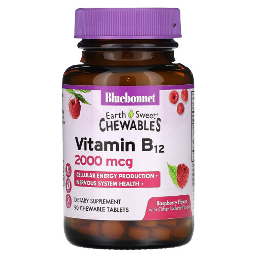 Bluebonnet Nutrition, Earth Sweet Chewables, Βιταμίνη B12, Raspberry , 2,000 mcg, 90 Chewable Tablets