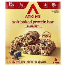 Atkins, Bară de proteine moale coaptă, Zmeură, 4 Baruri, 1.76 oz (50 g) Fiecare