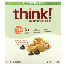 Think !, Korkeaproteiiniset rullat, Peanut Butter Chocolate Chip, 10 rullaa, 1,76 oz (50 g) Kussakin