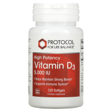 Protocol for Life Balance, Protocol dla Życia Balance, Witamina D3, Wysoka Potencja, 125 mcg (5 000 IU), 120 Miękkich tabletek