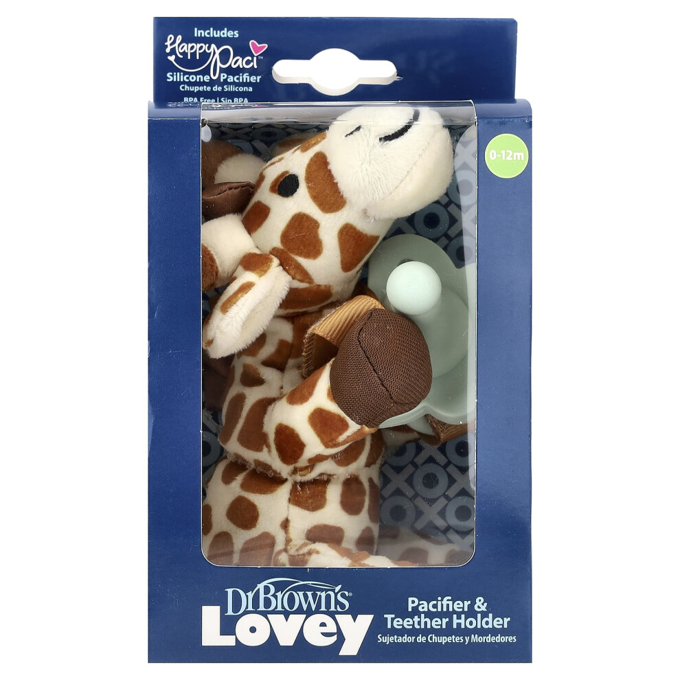 Dr. Brown's , Lovey, Happy Paci, Silicone Pacifier & Teether Holder, 0-12 Months +, Giraffe, 2 Piece Set