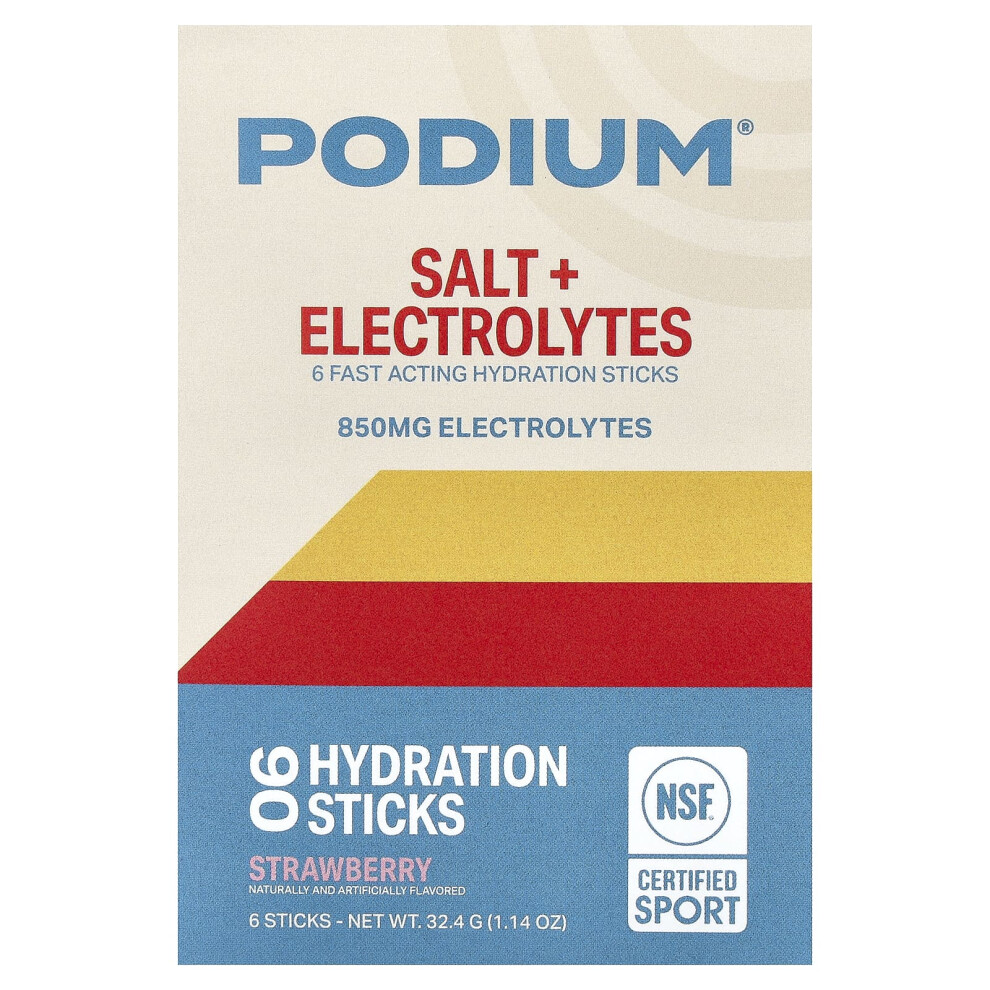 Podium Nutrition , Salt + Electrolytes, Hydration Sticks, Strawberry, 6 Sticks, 0.19 Oz (5.4 G) Each