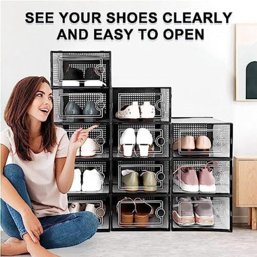 Shoe Storage Box, Clear Transparent Shoe Storage Boxes Hard Plastic Stackable Organiser Containers Bins Black 1