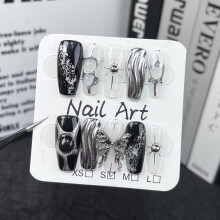 (S) Punk Silver & Black Fake Nails - 50pcs