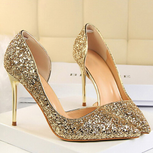 1Paire Chaussures Dorées À Talon Mince En Sequins Pour 2