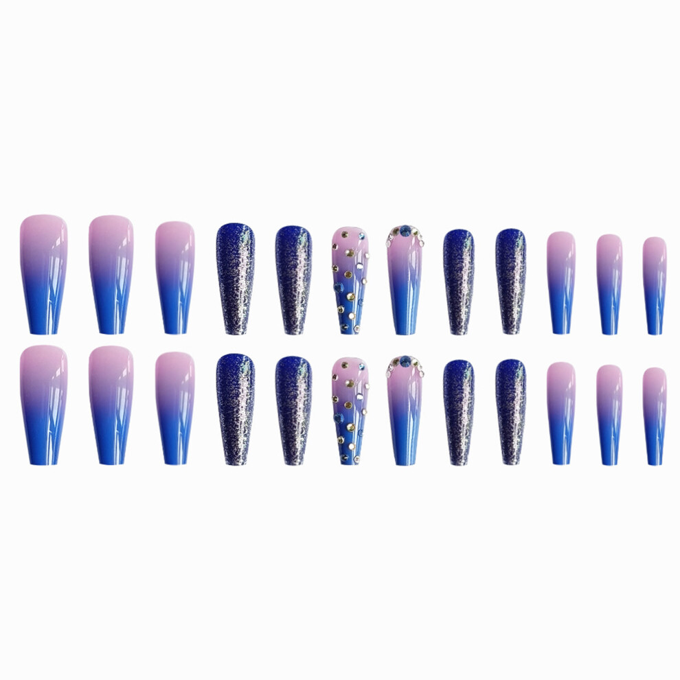 Hue-Grain Rhinestone Blue Gradient Fake Nails - Easy Diy