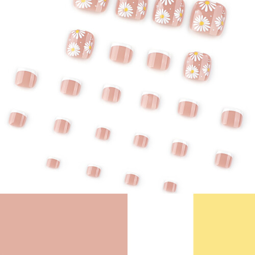 24pcs Daisy French False Toenails, Spring Summer Glossy