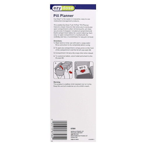 Ezy Dose, Pill Planner settimanale con etichette Push 'N Pop, 2XL, 1 Conto 1