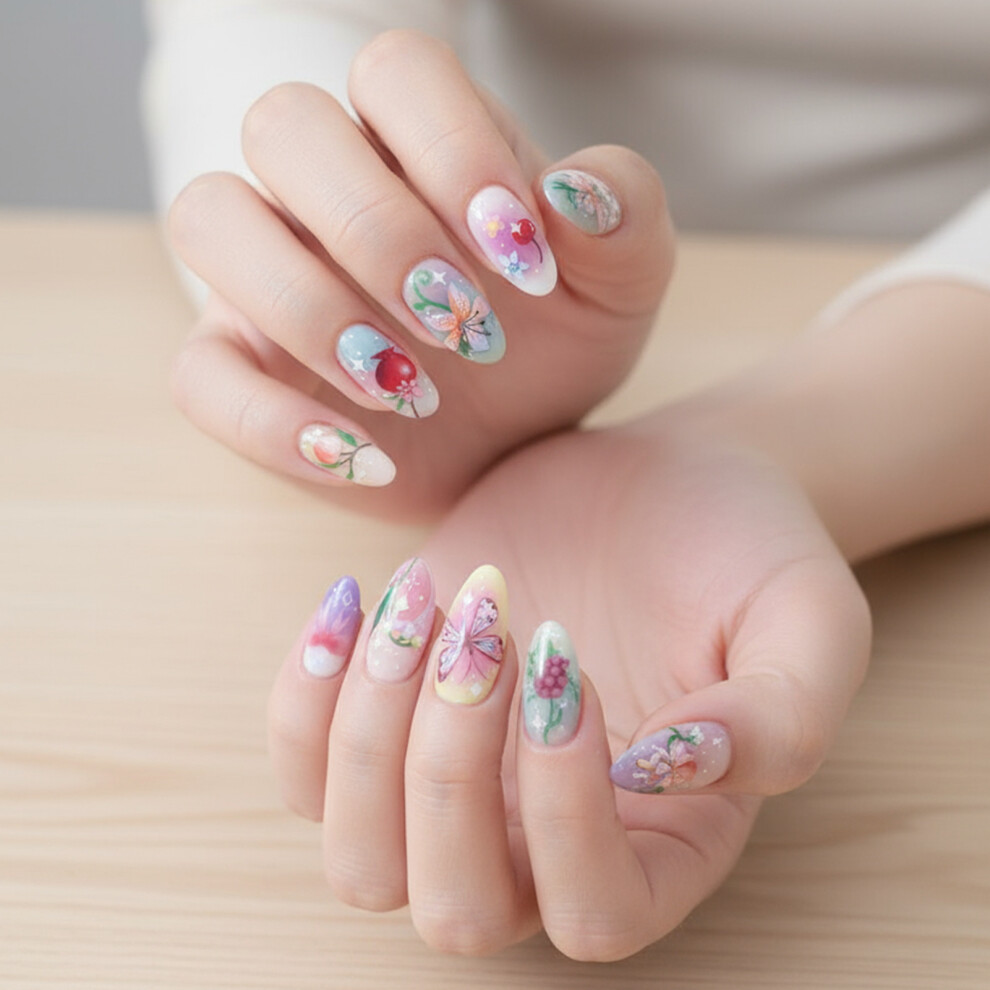 Phui-Pet-Supplies 24Pcs Floral Butterfly Press-On Nails