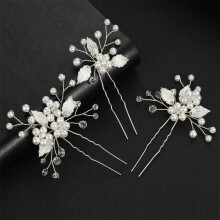 (Silver) 3Pcs Leaf Pearl Hairpins U-Shaped Retro Hair Clips
