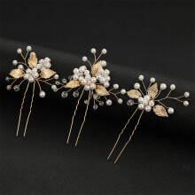(Gold) 3Pcs Leaf Pearl Hairpins U-Shaped Retro Hair Clips