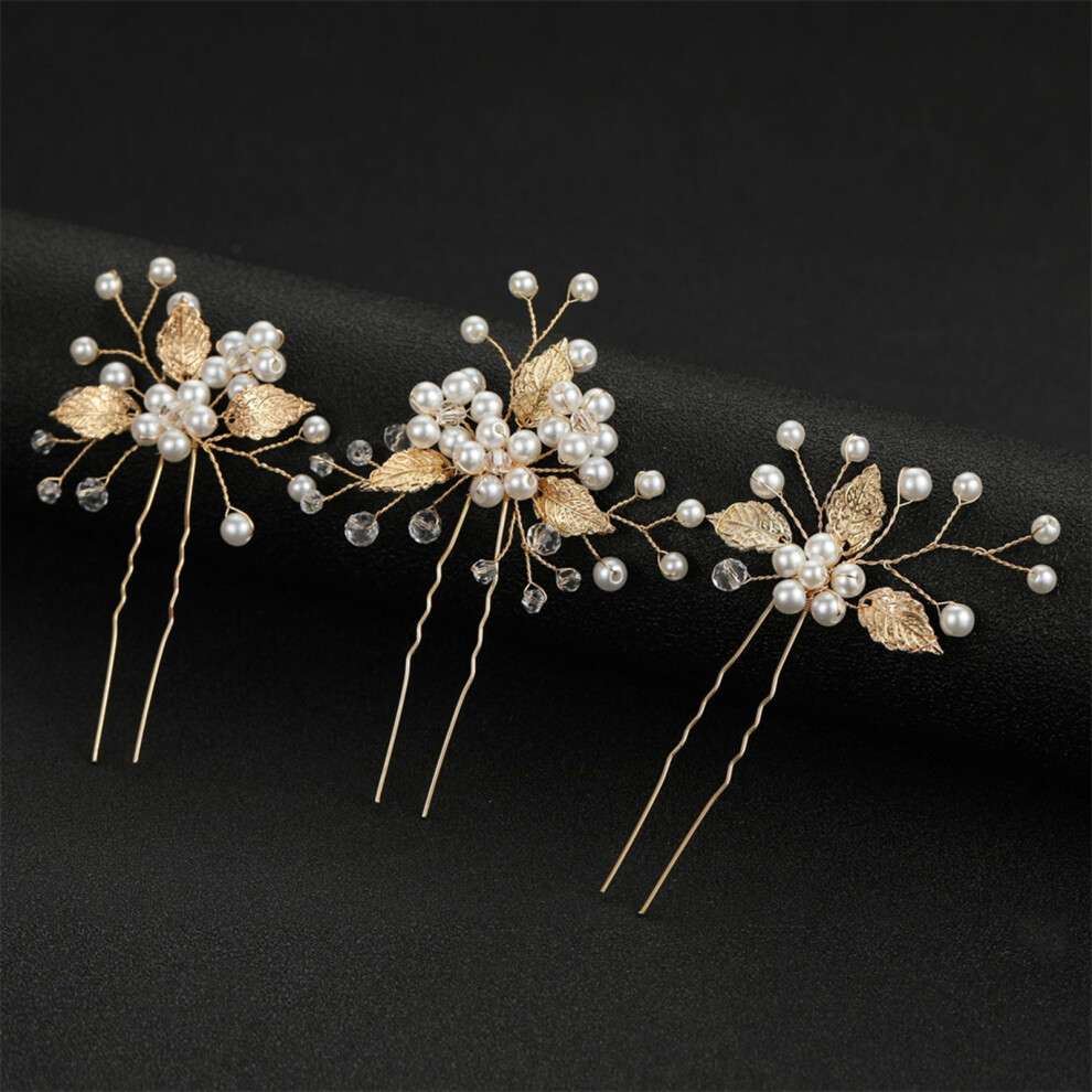 Dcph-Clothing (Gold) 3Pcs Leaf Pearl Hairpins For Women