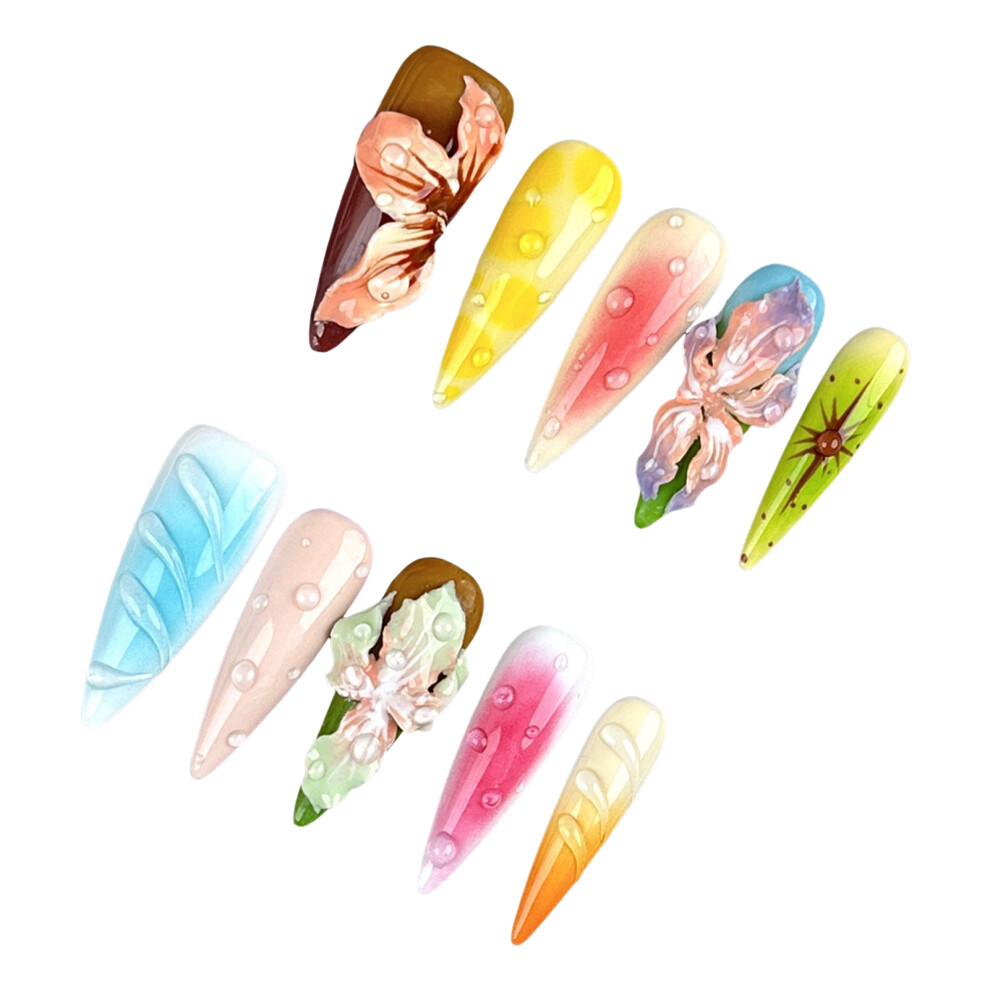 Hue-Grain (Xs) Floral Pointed Fake Nails - Odorless & Comfortable