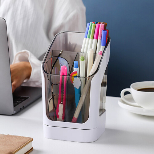 Porte-stylo de bureau en PET avec tiroir, blanc 2