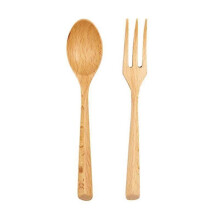 Conjunto de 2 peças portáteis de faia com colher e garfo, estilo ocidental, para servir comida. Conjunto de utensílios de mesa com cabo liso