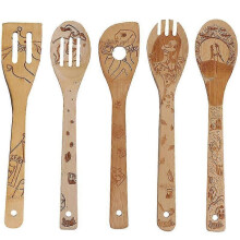 Conjunto de 5 utensílios de cozinha em bambu, incluindo pá de madeira esculpida, para uso doméstico (conforme mostrado na imagem).