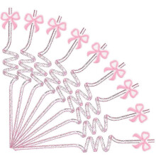 Pacote com 24 canudos em espiral de plástico reutilizáveis com laço rosa para decoração de festas e artigos para festas BowDrink.