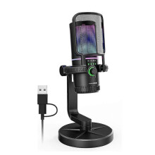 Herní kondenzátorový USB mikrofon s filtrem, úchytem, ovládáním zesílení pro streamování z PC, hraní her a podcasty.
